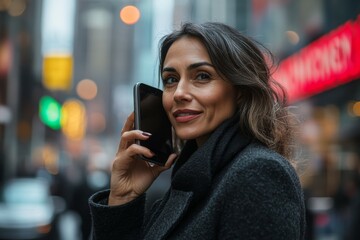 Confident Woman in Chic Outerwear Engaged in a Phone Conversation Amidst the Bustling Energy of a City Street at Night