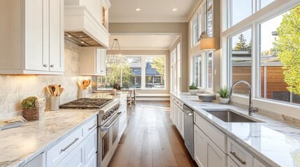 Fototapeta premium Modern kitchen interior with sleek white cabinets, marble countertops, and stainless steel appliances. Sunlight streaming through large windows, adding warmth to the space.