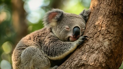 Obraz premium Close up photo of koala sleeping on a tree. Wild life of animal. Zoo animal.