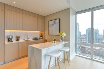Fototapeta premium Modern Kitchen with Marble Countertop and City View