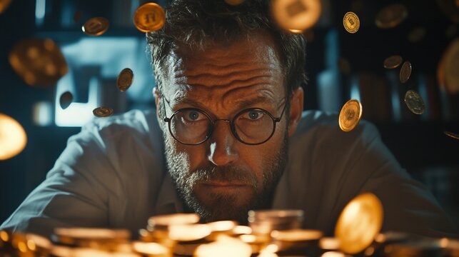 A man with a serious expression sits at a table with coins falling around him. He looks up at the viewer with a thoughtful expression.