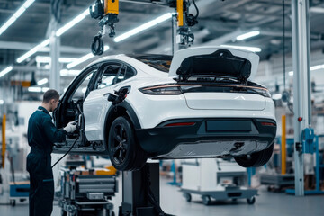Fototapeta premium A skilled technician conducts maintenance on a raised white vehicle in a high-tech automotive service center, surrounded by various tools and equipment.