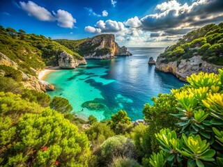 Lush Greenery and Serene Landscape of Cala Luna Sardinia - A Paradise of Nature's Beauty, Vibrant Foliage, and Tranquil Waters for Perfect Product Photography