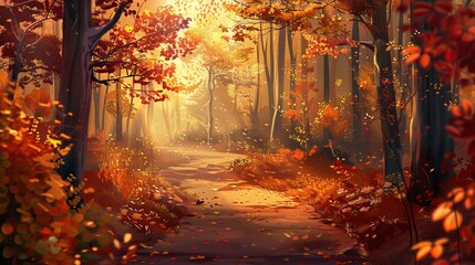 A magical autumn forest landscape with a sunbeam shining through the trees