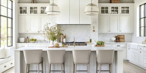 Modern White Kitchen with Island and Bar Stools