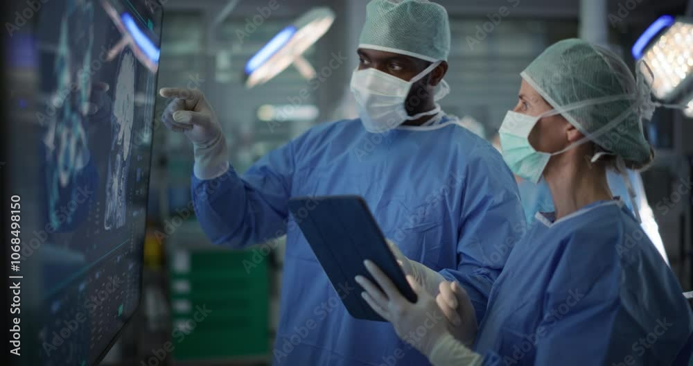 Poster Diverse Colleagues Having a Discussion In the Operating Room. Female and Male Surgeons Evaluate Complex Brain Scans on a Large Display, Strategizing the Next Steps for the Operation