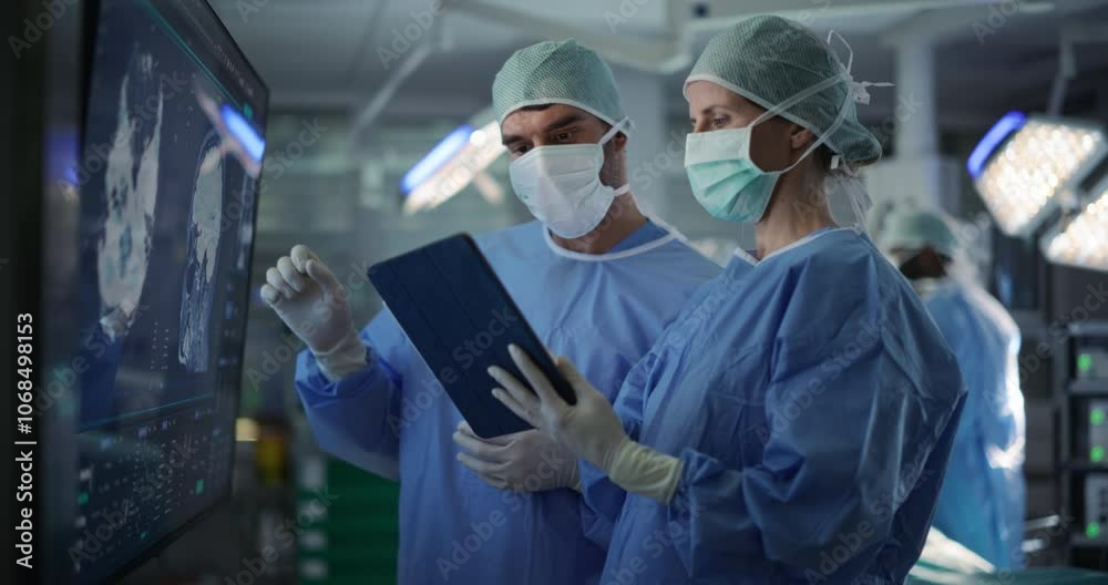 Poster before beginning the surgery, female lead surgeon and an assistant looking at detailed brain scans o