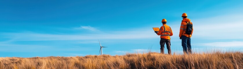 Engineers inspecting wind turbine equipment in a renewable energy field for optimal performance and maintenance.