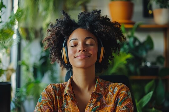 Relaxing in Rhythm: A Young Woman Enjoys the Calm of Nature and Music While Surrounded by Lush Greenery in Her Cozy Indoor Space