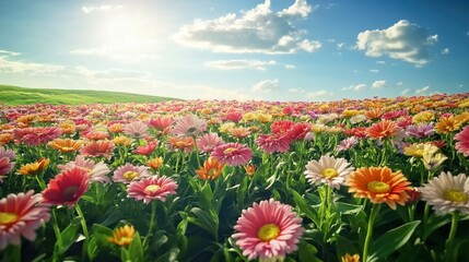 Obraz premium Sunny flower garden with rows of colorful daisies, representing the joy of springtime