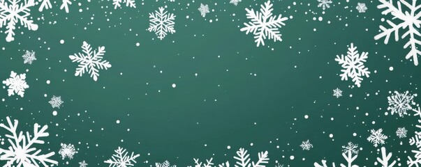 Festive green background with white snowflakes delicately falling, evoking a serene winter wonderland atmosphere