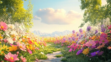 Obraz premium Sunny flower garden with rows of colorful daisies, representing the joy of springtime