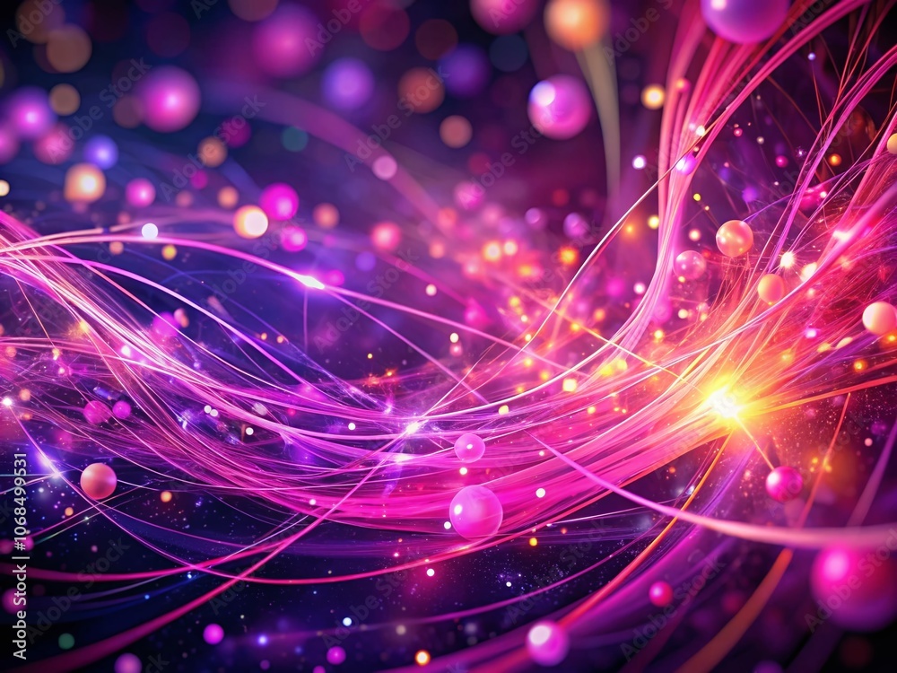 Poster magenta wire and particles abstract animation with bokeh effect for backgrounds and visuals