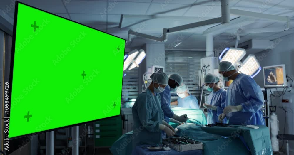 Poster green screen mock up display in the operating room with medical team performing a surgery on a patie