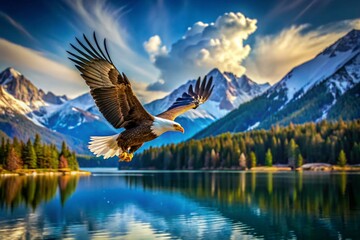 Obraz premium Majestic Bald Eagle in Flight Over Scenic Vintage Landscape - Capturing Nature's Power and Freedom with Classic Photography Techniques