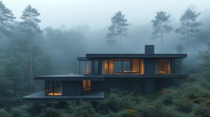 Fototapeta premium architectural photography showcasing a minimalist contemporary house nestled in a serene forest landscape, emphasizing harmony with nature and innovative design