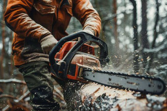 Generative AI image of a handsome virile bearded woodcutter at work in a traditional woodworking workshop - Powered by Adobe
