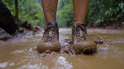 A hiker stands in muddy water on a jungle trail, highlighting the struggle of navigating through wet conditions surrounded by lush vegetation