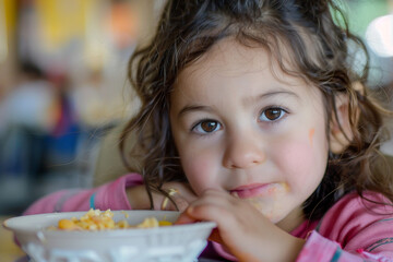 Young Child boy girl Eating Lunch in a School Canteen Setting with Juice and Food on Table,...