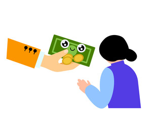 Basic income, woman receives money. Vector simple color flat illustration. 