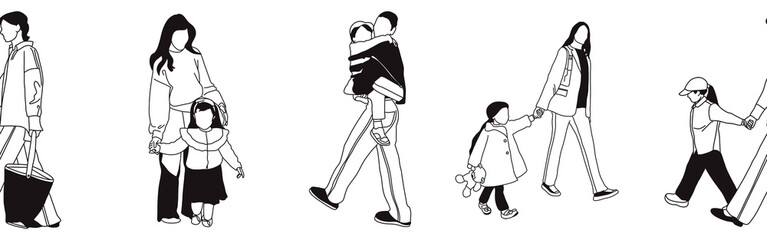 Hand-drawn doodle family border. Outline family clipart. Hand-drawn black art.