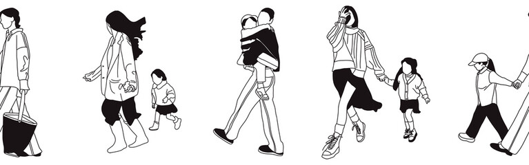 Hand-drawn doodle family border. Outline family clipart. Hand-drawn black art.