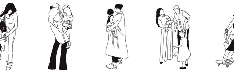 Hand-drawn doodle family border. Outline family clipart. Hand-drawn black art.