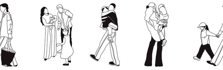 Hand-drawn doodle family border. Outline family clipart. Hand-drawn black art.