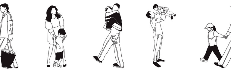 Hand-drawn doodle family border. Outline family clipart. Hand-drawn black art.