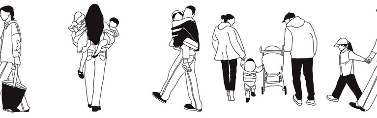 Hand-drawn doodle family border. Outline family clipart. Hand-drawn black art.