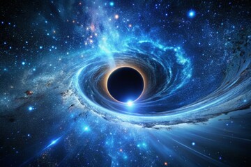 Mesmerizing Black Hole Animation with Flowing Blue Particles and Glowing Edges in Panoramic View for Cosmic and Space Exploration Themes