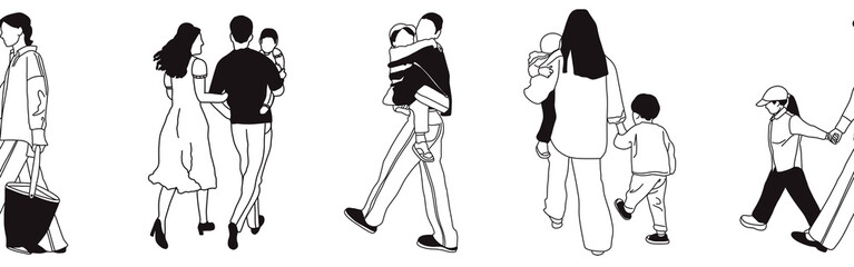 Hand-drawn doodle family border. Outline family clipart. Hand-drawn black art.