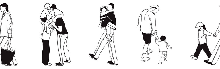 Hand-drawn doodle family border. Outline family clipart. Hand-drawn black art.