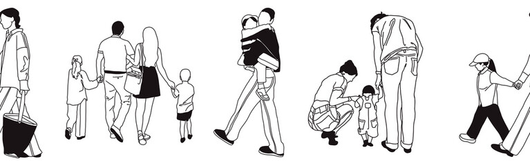 Hand-drawn doodle family border. Outline family clipart. Hand-drawn black art.