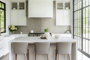 Fototapeta premium Modern Kitchen with White Cabinets and Island Seating