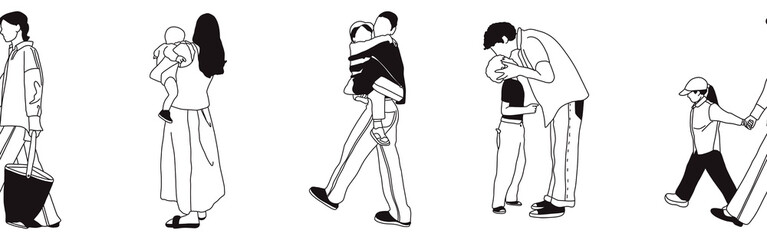 Hand-drawn doodle family border. Outline family clipart. Hand-drawn black art.