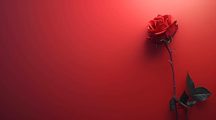 Single red rose on a red background. The rose is in full bloom with velvety petals. The stem is long and green with dark green leaves.