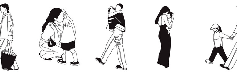 Hand-drawn doodle family border. Outline family clipart. Hand-drawn black art.