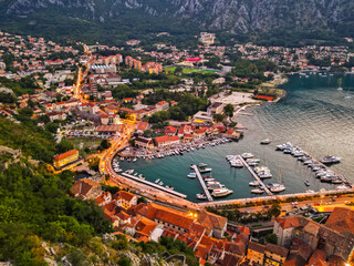 Beautiful panoramic view of Kotor, Montenegro at night. Sea and mountains 