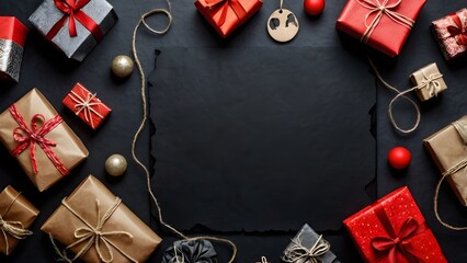 Obraz premium Black Friday Shopping Bags Gift Wrap on Dark Background