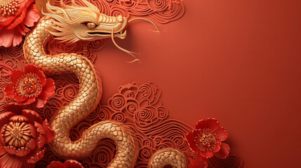 Happy Chinese New Year 2025. Chinese snake gold zodiac sign on red background for card design. China lunar calendar animal.