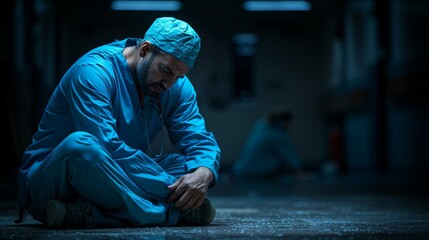 Mental Problem. Burnout. sad and crying doctor in blue scrubs sitting on floor with his head down against hospital background. scene depict emotional toll experienced by medical professionals.