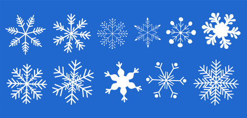 Vector set of snowflake icons and patterns. White isolated Christmas crystal silhouettes for winter decoration. Cold frozen design elements for holiday.