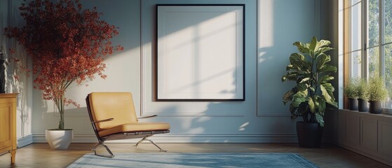 A cozy living room with a large empty picture frame, a comfy chair, and a potted plant.