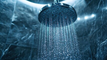 Close-up of rainfall shower head with streaming water in modern bathroom, refreshing blue glow, luxury spa ambiance, clean droplets, relaxing flow, hygiene, relaxation