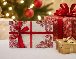 A beautifully wrapped holiday gift featuring red accents, set against a festive backdrop with...