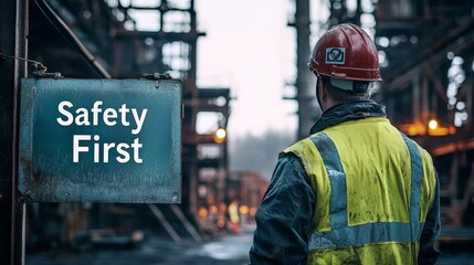 A "Safety First" poster in an industrial setting, reminding workers to follow safety protocols