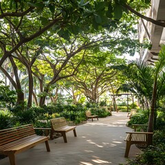 Tropical Garden with Shaded Pathways, Wooden Benches, and Peaceful Atmosphere Under Tree Canopy