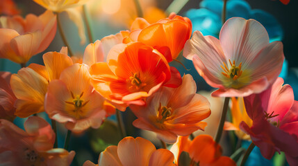 Naklejka premium red and yellow tulips, tulips in the garden, flowers in a garden, close up of vivid beautiful bright multicolored flowers, shining light, aesthetic floral background