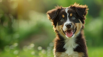 Fototapeta premium Cute Australian Shepherd puppy playing in the meadow. The puppy is looking at the camera with a happy expression on its face.
